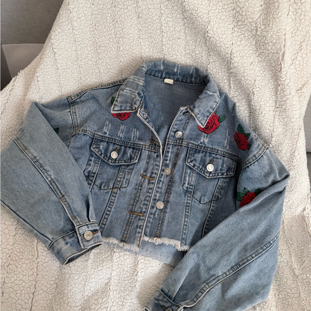 Mega Cropped Denim Jacket with Rose Embroidery by Lulu Simone - Picture 3 of 14